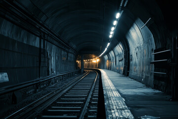 A raw brutalist train station with cold, industrial materials, dark tunnels, and flickering artificial lights casting eerie shadows.