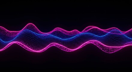Abstract Soundwave Visualization: Dynamic digital waves pulsating with vibrant shades, evoking the rhythm of music or data, a visual symphony on a deep black backdrop.