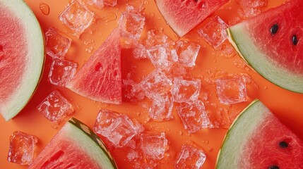 Juicy watermelon wedges lying on bright orange background, surrounded by melting ice cubes, capturing cool refreshment of summer season