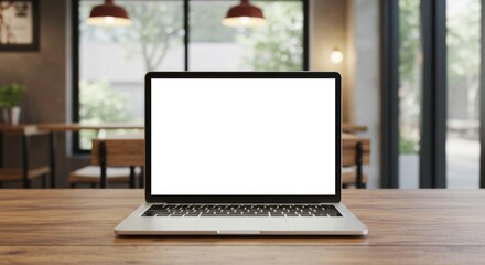 Modern Laptop with Blank Screen on Wooden Table in Cozy Cafe Interior