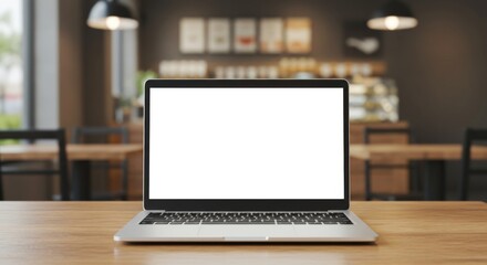 Modern Laptop with Blank Screen on Wooden Table in Cozy Coffee Shop Interior