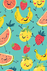 A fun and playful pattern featuring smiling, anthropomorphic fruits with expressive faces, dancing on a bright pastel background. Bananas, strawberries, and watermelons with tiny arms and legs add a