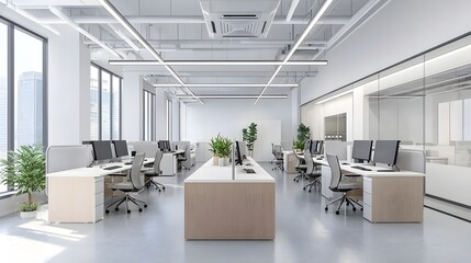 Bright and Efficient Modern Office Space with Centralized Air Conditioning System  Open and organized workspace designed for productivity and in a corporate or professional setting