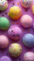Obraz premium Vibrant purple backdrop highlighting multicolored ice cream scoops, generously topped with sprinkles, presenting sweet, appetizing dessert arrangement