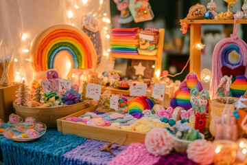 Obraz premium A Christmas market stall filled with vibrant rainbow ornaments, twinkling fairy lights, and festive handmade gifts.