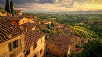 Obraz premium Photo of Tuscany, Italy with the sun setting in an ancient village on top of a hill overlooking rolling hills and distant mountains. The sky is painted in warm hues from the sunset, casting long shado