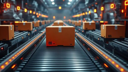 Automated Warehouse Conveyor System with Parcels for E-Commerce, Logistics, and Global Supply Chain in Futuristic Blue and Orange Tones - Powered by Adobe