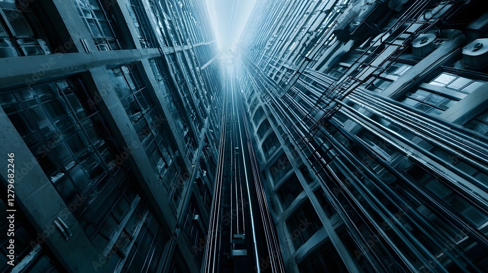 Poster close up view of an intricate air duct system within the interior of a modern high rise commercial b