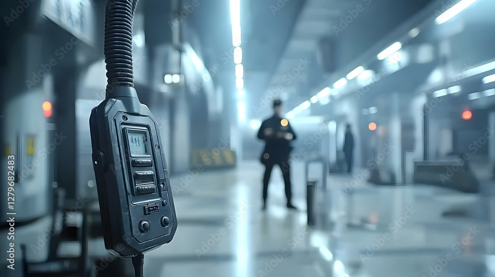 Poster Closeup of a walkie talkie in use by a security guard with a blurred silhouette of the guard visible in the background  The image is captured with professional lighting and sharp details