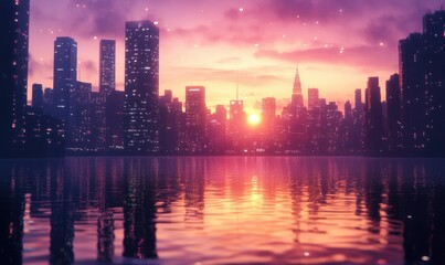 Obraz premium Sunset-lit cityscape reflected in a calm river, orange and purple tones blending harmoniously, soft ripples adding texture,