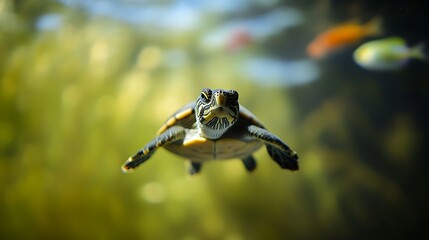 Fototapeta premium A serene underwater scene featuring a sea turtle gliding gracefully among colorful fish, illuminated by sunlight filtering through the water