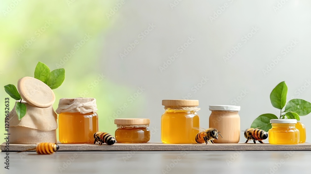 Poster closeup view of organic honey jars displayed on a rustic wooden table showcasing the natural and han