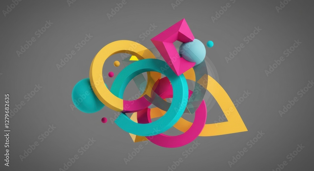 Poster abstract geometric composition: a dynamic arrangement of colorful geometric shapes, including sphere