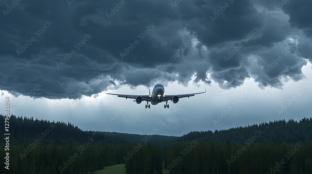 Aufkleber Commercial aircraft navigating through a towering thunderstorm during final descent with dramatic blue and gray hues and intense lighting creating a scene