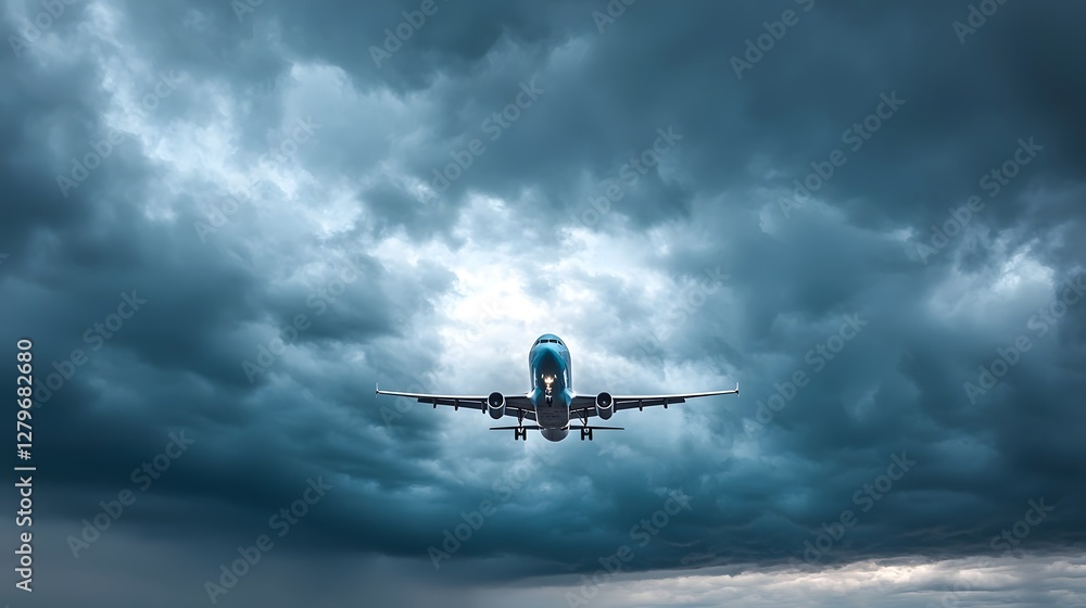 Aufkleber commercial airliner on final approach navigating through towering ominous thunderclouds in dramatic 