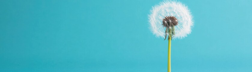 Fototapeta premium Delicate Dandelion Seed Head Against Vibrant Blue Background in Soft Natural Light