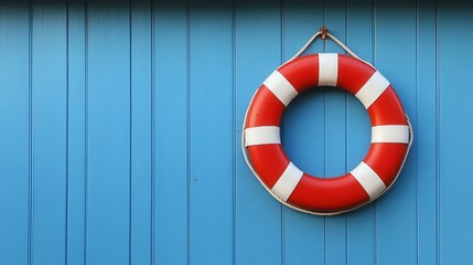 Nautical safety equipment, red white lifebuoy suspended against weathered blue wooden background, signaling maritime rescue readiness