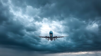 Commercial airliner on final approach navigating through towering ominous thunderclouds in dramatic blue and gray hues with lighting as it descends for landing