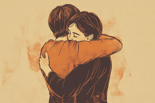 A hand drawn, warm toned illustration of a supportive hug between two friends, one offering comfort and solace.