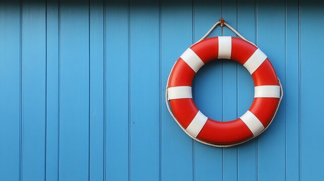 Nautical safety equipment, red white lifebuoy suspended against weathered blue wooden background, signaling maritime rescue readiness