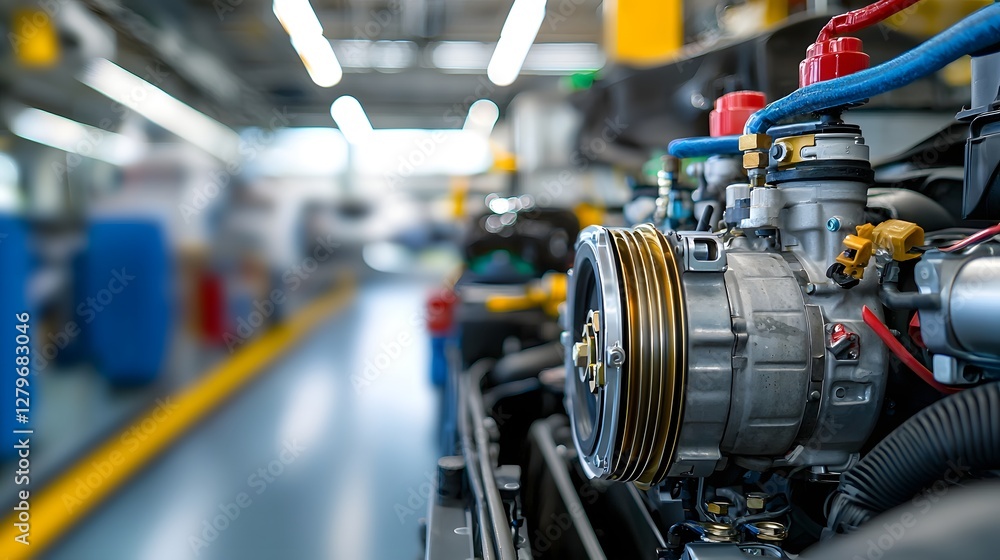 Poster Detailed close up view of the air conditioning compressor and cooling system components installed in the engine bay of a modern car or automotive vehicle