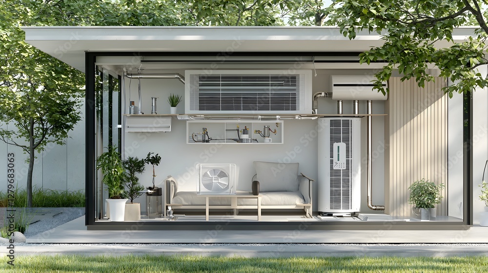 Poster detailed cross section of residential air conditioning system design showing the internal components