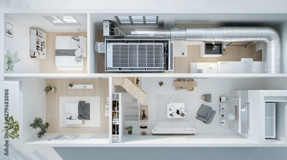 Poster detailed cross section showcasing the internal components and ductwork of a residential central air 