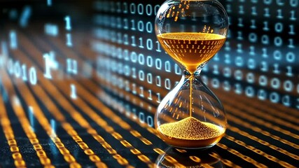Digital Hourglass with Binary Code for Technology, Data Processing, and Artificial Intelligence in a Futuristic Blue and Gold Palette - Powered by Adobe