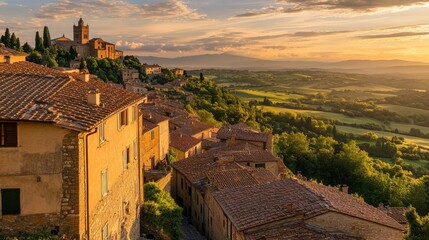 Obraz premium Photo of Tuscany, Italy with the sun setting in an ancient village on top of a hill overlooking rolling hills and distant mountains. The sky is painted in warm hues from the sunset, casting long shado