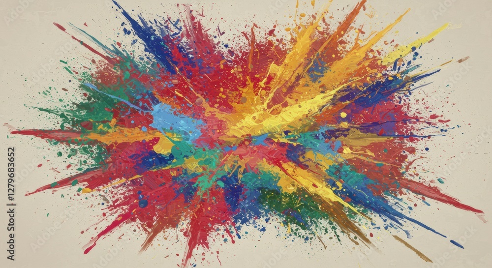 Poster explosion of colors: an artistic burst of vibrant colors explodes outwards, creating a dynamic and v