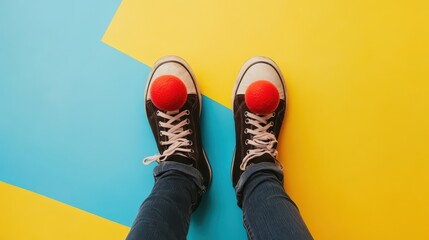 Sneakers with red balls on colorful floor design