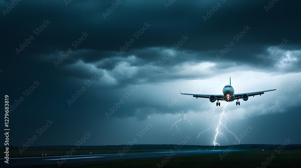 Poster dramatic image of a commercial passenger airplane struggling to ascend through a violent thunderstor
