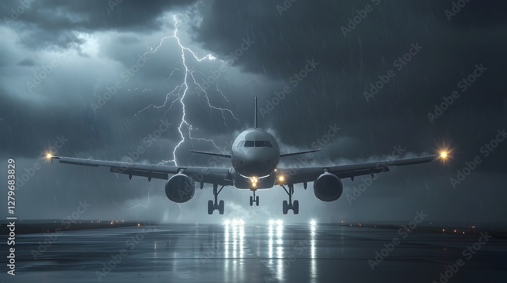 Poster Dramatic image of a commercial passenger plane desperately trying to ascend during a severe thunderstorm with dark ominous clouds illuminated by flashes of lightning in a turbulent