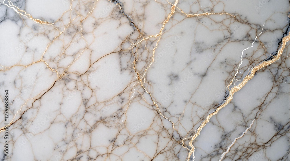 Aufkleber a close up view of a marble surface with a white base, adorned with intricate golden veining that ac
