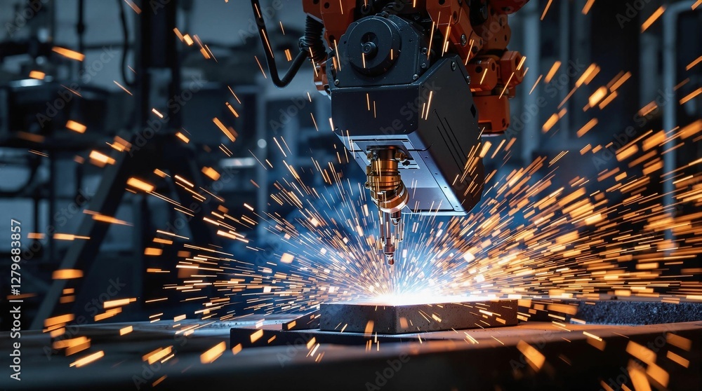Aufkleber A high-tech industrial setting, where a CNC plasma cutting machine is actively engaged in cutting a piece of metal with precision. The sparks are captured in motion, creating a dynamic visual effect a