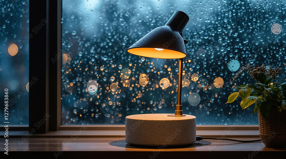 Aufkleber a cozy indoor scene illuminated by a table lamp placed on a surface beside a window, with a potted p