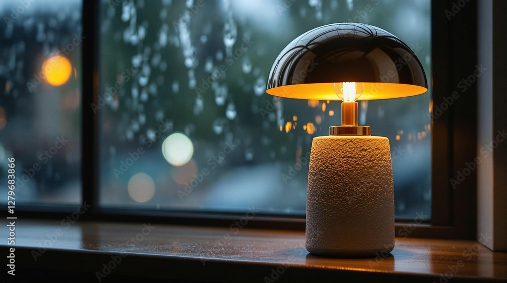 Poster a table lamp with a reflective, dome-shaped shade, placed on a surface beside a window. the backgrou