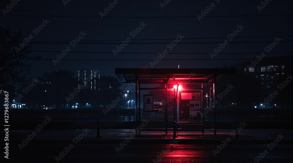 Poster A nocturnal scene of a bus stop illuminated by a red light, set against a backdrop of buildings and a dark sky. The bus stop is the central focus, with the red light providing a stark contrast to the 