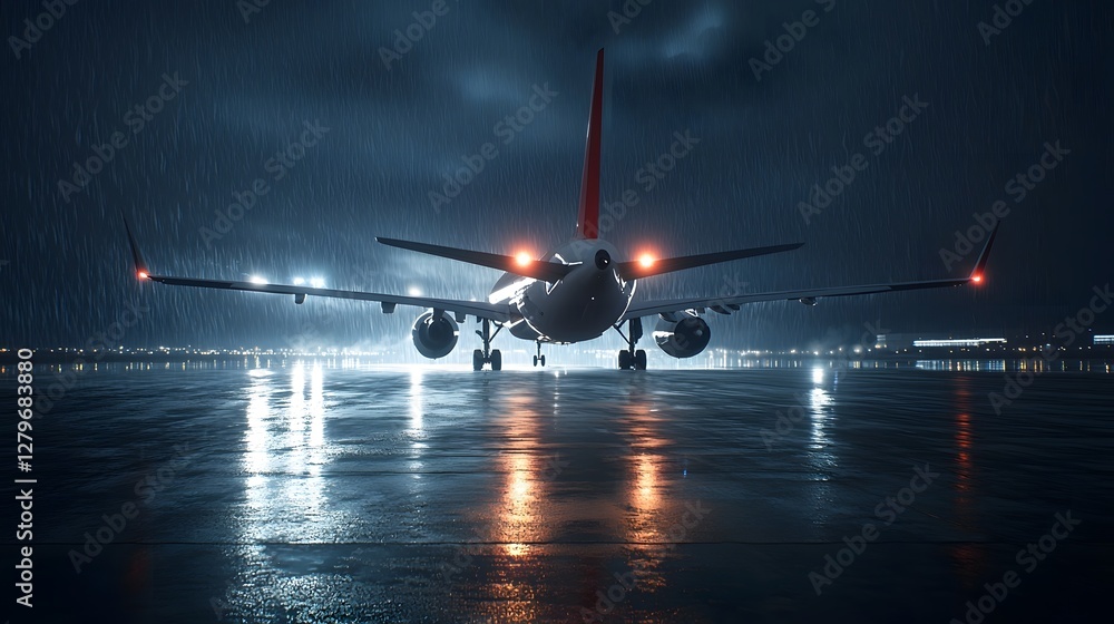 Poster dramatic image of a large passenger jet illuminated by its emergency strobes as it lands in heavy ra