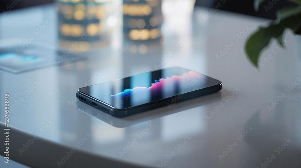 Poster a smartphone placed on a glossy table, with a blurred background that suggests a modern setting. the