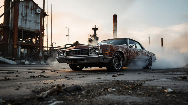 A car drifting on a dusty road, surrounded by an industrial setting with a backdrop of a building, poles, and a smokestack. The sky is visible at the top of the image, and the car is in motion, kickin