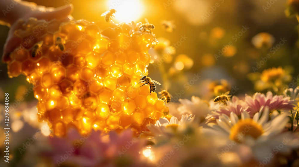 Aufkleber A person's hand delicately interacting with a cluster of bees, surrounded by a vibrant array of flowers bathed in the warm glow of the setting sun. The background is a soft bokeh of golden hues, creat