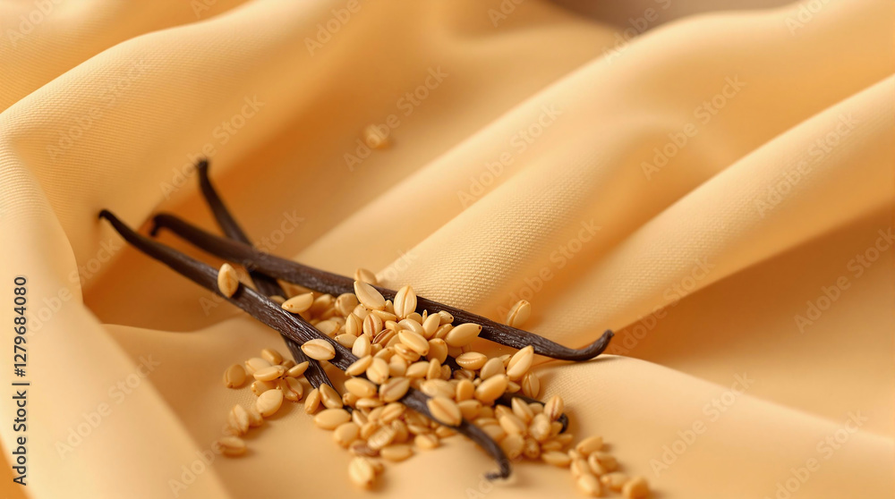 Poster a close-up of a beige fabric with a few vanilla beans scattered across it. the beans are dark brown,