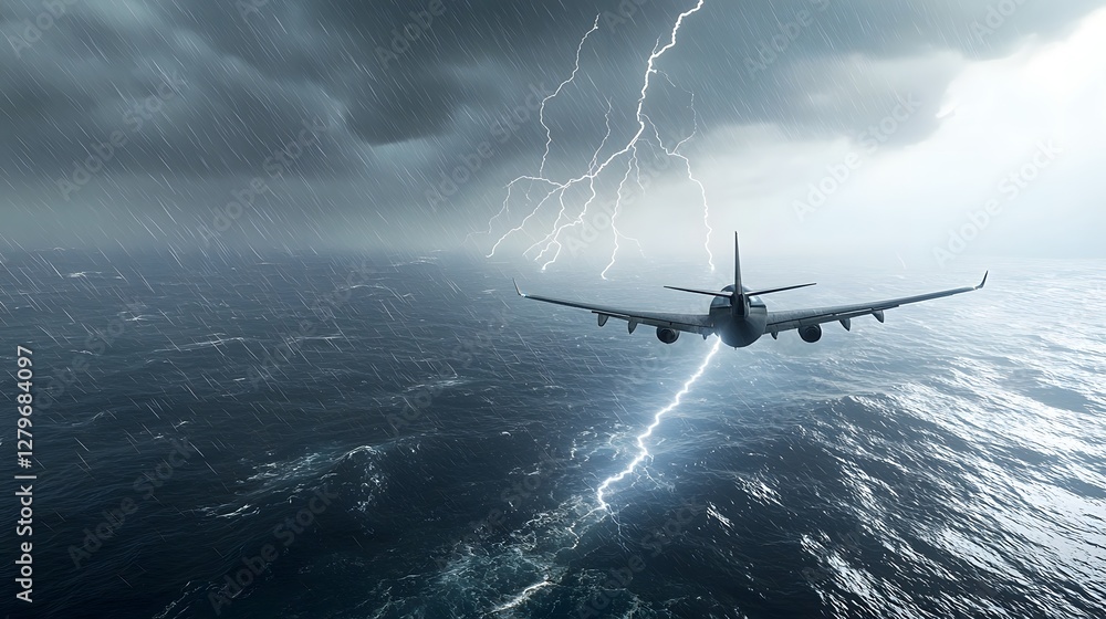 Aufkleber dramatic image of an airplane flying through a turbulent electrical storm with bolts of lightning fl