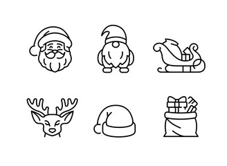 Christmas icons. Set of 6 Christmas-themed trendy minimal icons. Santa Claus, Snow Globe, Candy Cane icon. Design signs for web pages, mobile apps, and holiday-themed packaging. Vector illustration