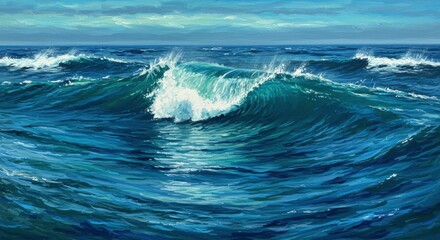 Fototapeta premium Ocean's Power: A vivid depiction of the ocean's raw power, with cresting waves and deep blue hues that evoke a sense of vastness and untamed beauty.