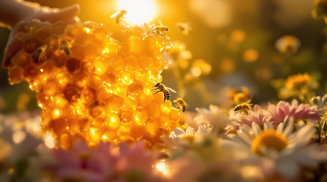 A person's hand delicately interacting with a cluster of bees, surrounded by a vibrant array of flowers bathed in the warm glow of the setting sun. The background is a soft bokeh of golden hues, creat