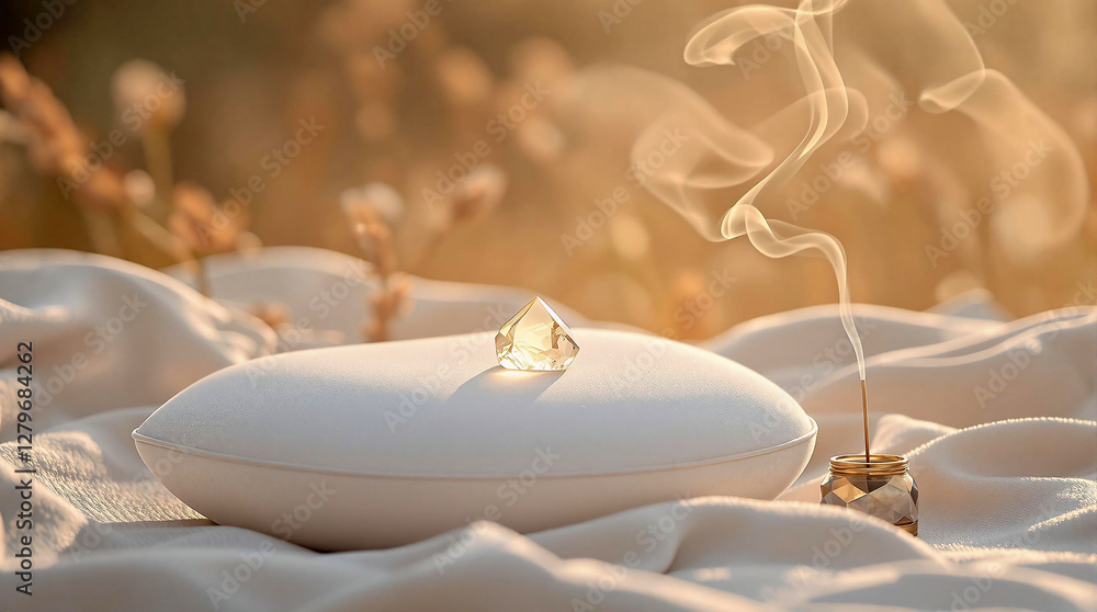 Aufkleber a tranquil scene of a white stone placed on a white cloth, surrounded by a field of tall grasses bat