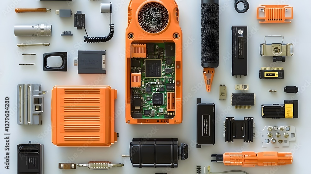 Poster exploded view of a classic walkie talkie design revealing the intricate internal components such as 