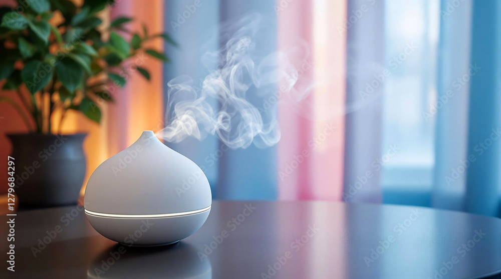 Poster a white diffuser emitting smoke, placed on a table with a potted plant to its left and a blurred bac